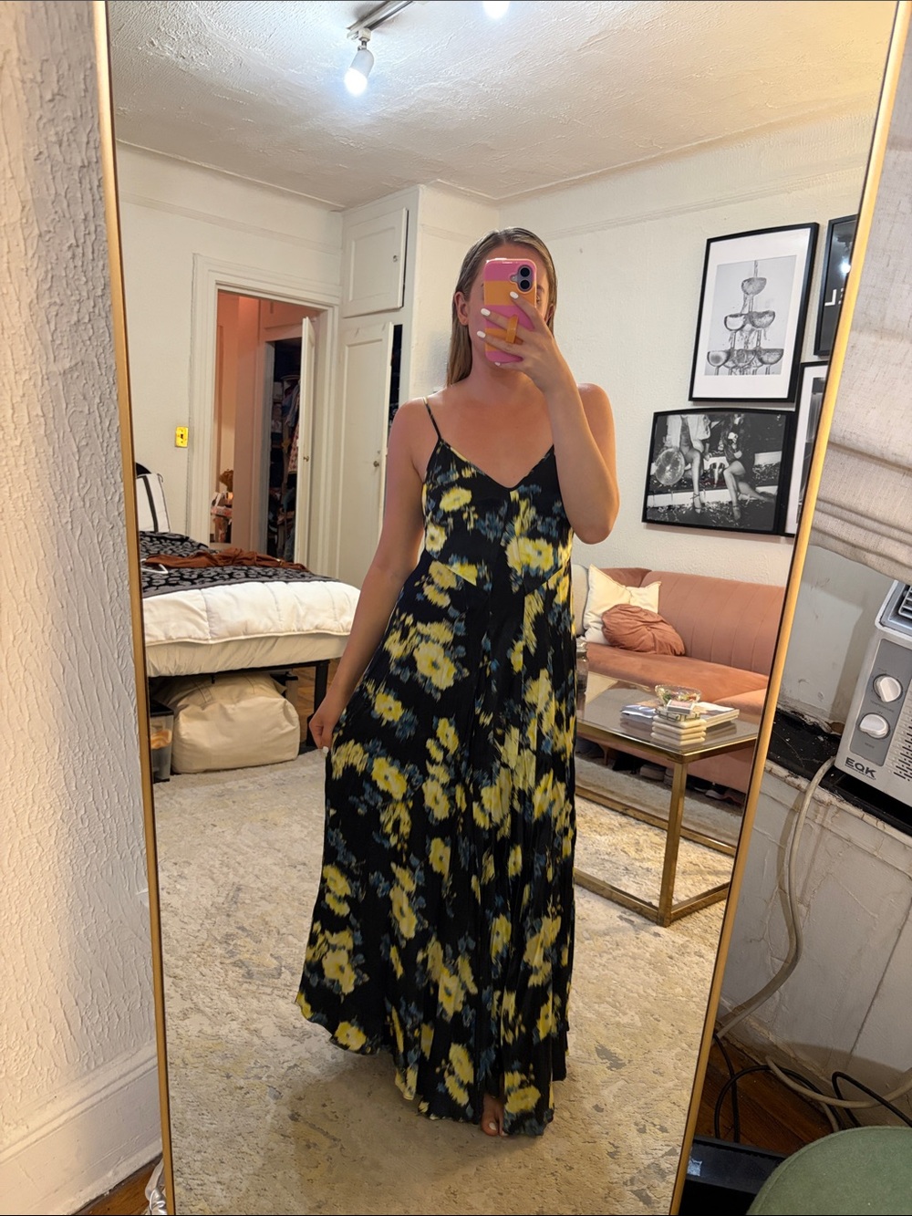 Spaghetti Strap Black Maxi Dress with Yellow Floral Print